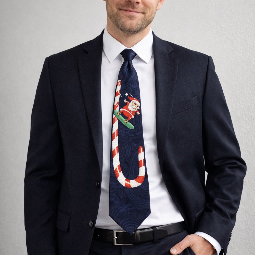 American‎ Greetings Santa Snowboarding Silk Tie Navy Christmas Novelty Necktie